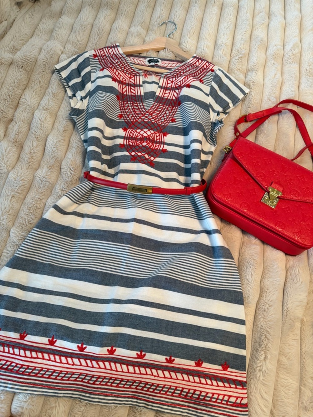 NWOT Mud Pie Navy & White Stripe Dress with Red Embroidery